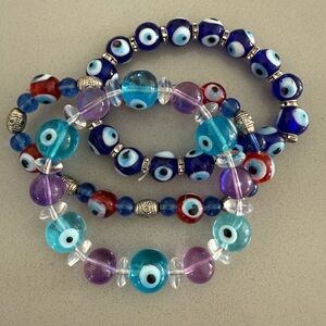 Evil Eye Beaded Bracelet Set - Blue, Purple, Red (NWOT)